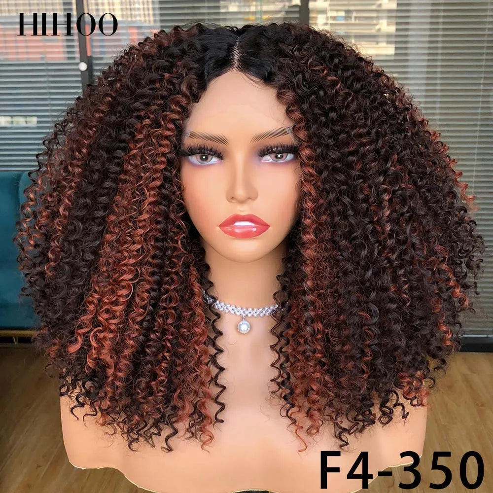 Lace Front Wigs for Women Short Bob Wig Afro Kinky Curly Wigs Ombre Brown Synthetic Middle Nature Hair Black Headgear with Clip