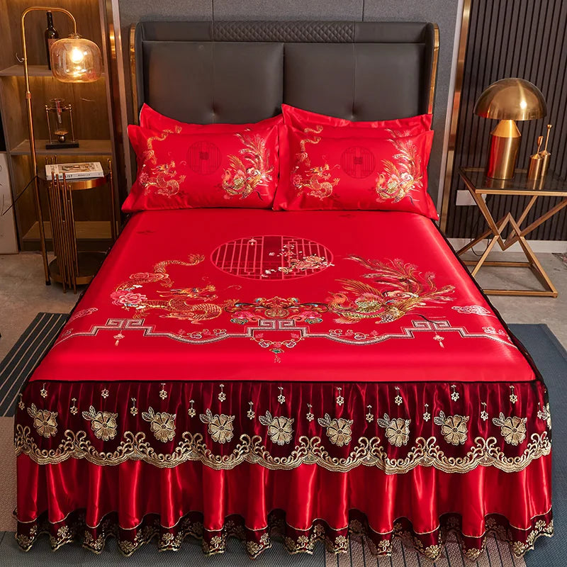 Luxury Lace Smooth Cool Summer Bedspread Thick Home Bed Skirt + Pillowcase Bed Sheets Embroidery European-style Bed Spreads