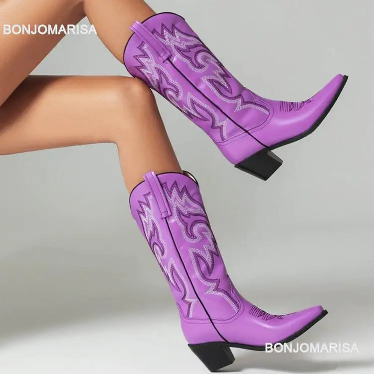 Cowgirl Boots Women Embroidery Knee High mid Calf Cowboy Boots Slip On Pointed Toe Candy Color Fashion Shoes Winter Western