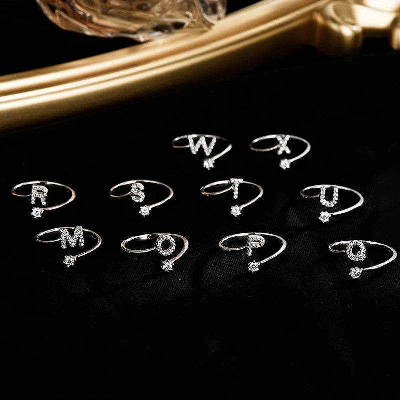 925 Sterling Silver Initial Rings for Women Girls, Adjustable Initial Rings Cubic Zirconia Stackable Alphabet Letter Rings Gift