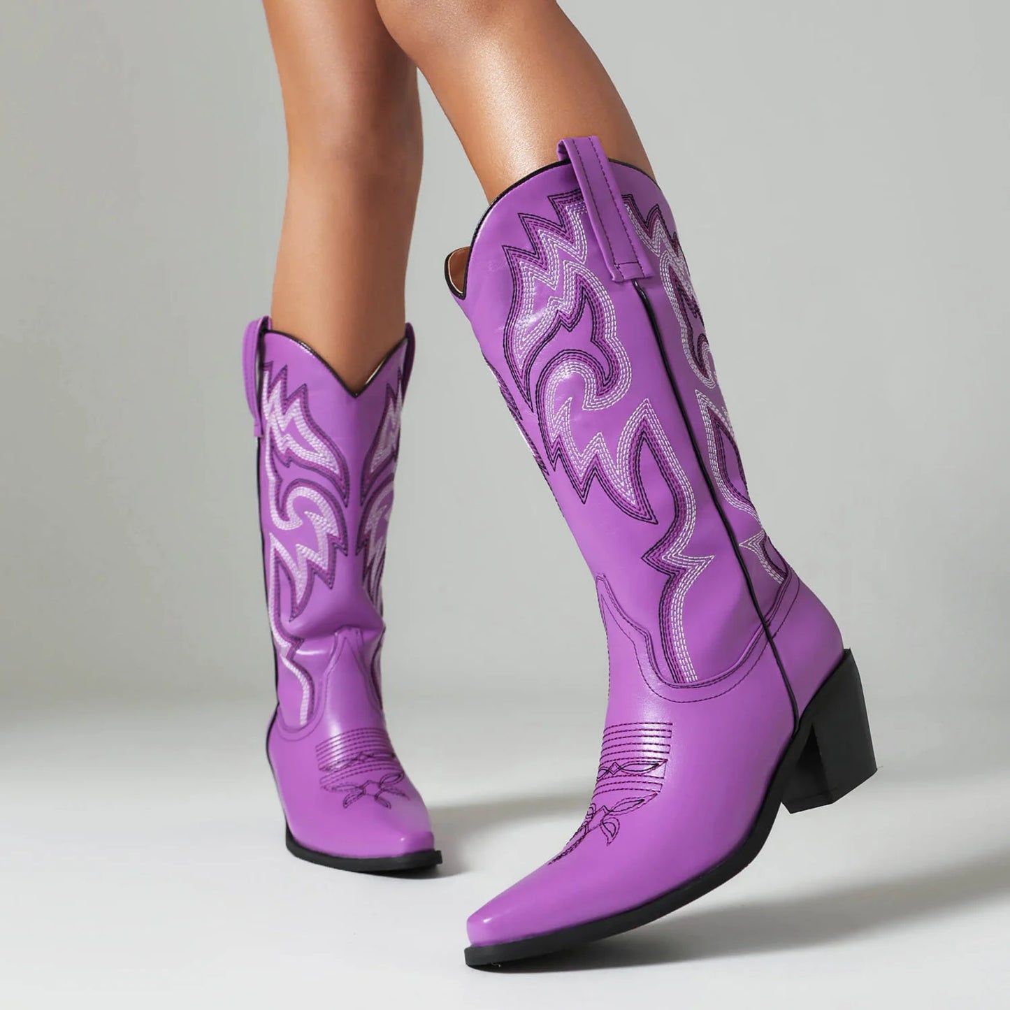 Cowgirl Boots Women Embroidery Knee High mid Calf Cowboy Boots Slip On Pointed Toe Candy Color Fashion Shoes Winter Western