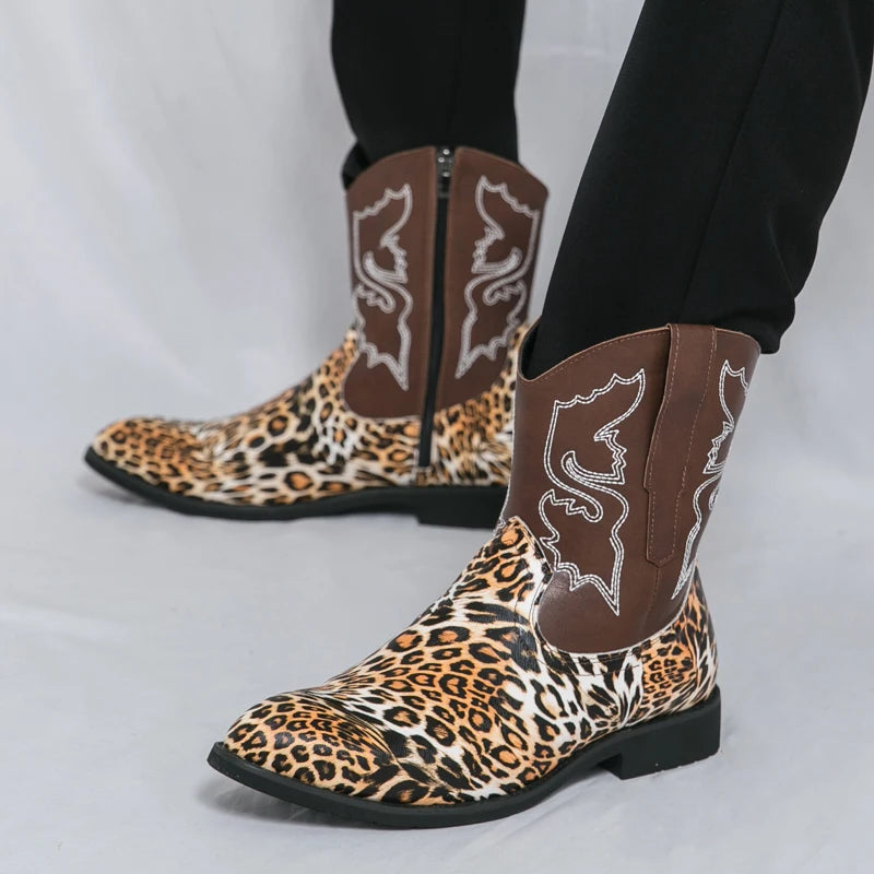 Western Cowboy Boots Men's 2025 New Autum Retro Embroider Versatile Mid-Calf Boots Outdoor Desert Zipper Short Boots