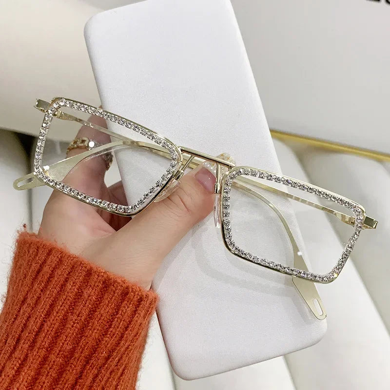 Women Glitter Crystal Thin Vintage Sunglasse Rectangle Glasse Frame Bling Rhinestone Sun Glasses for Woman Luxury Fashion UV400