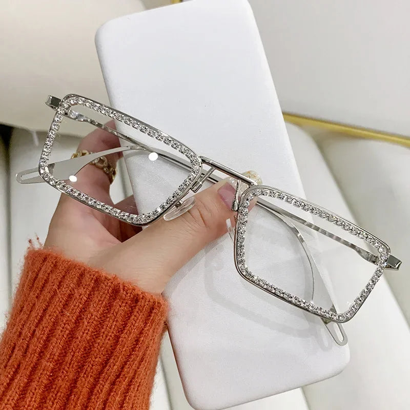 Women Glitter Crystal Thin Vintage Sunglasse Rectangle Glasse Frame Bling Rhinestone Sun Glasses for Woman Luxury Fashion UV400