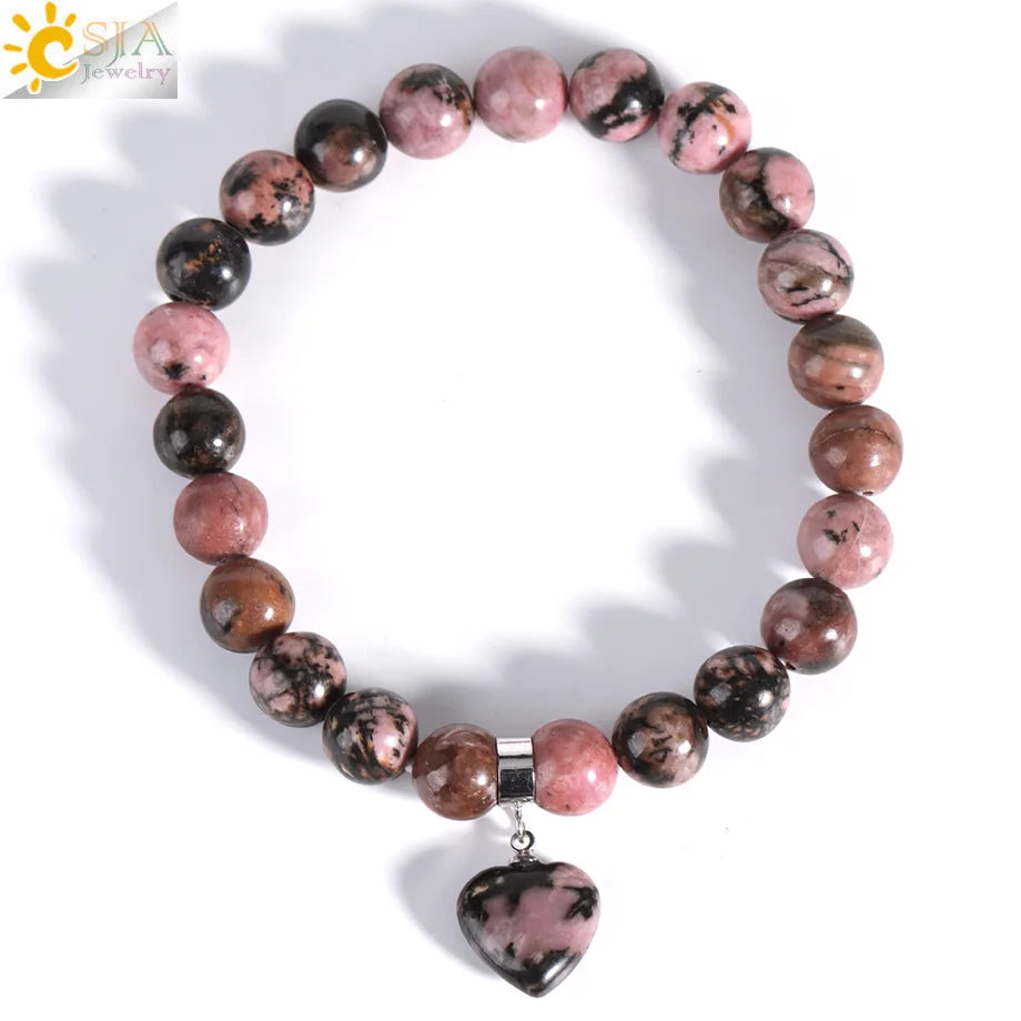 Natural Stone Beads Bracelet for Women Heart Charm Amethysts Crystal Quartzs Tiger Eye Elastic Bangles Reiki Jewelry Gift H543