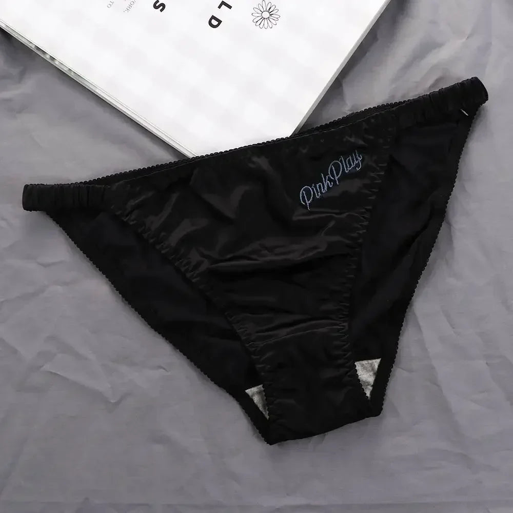 Sexy Girl Thongs Women Glossy Underwear Panty Low Waist Solid Color Satin Fabric Briefs Embroidery Fitness Sports Underpants