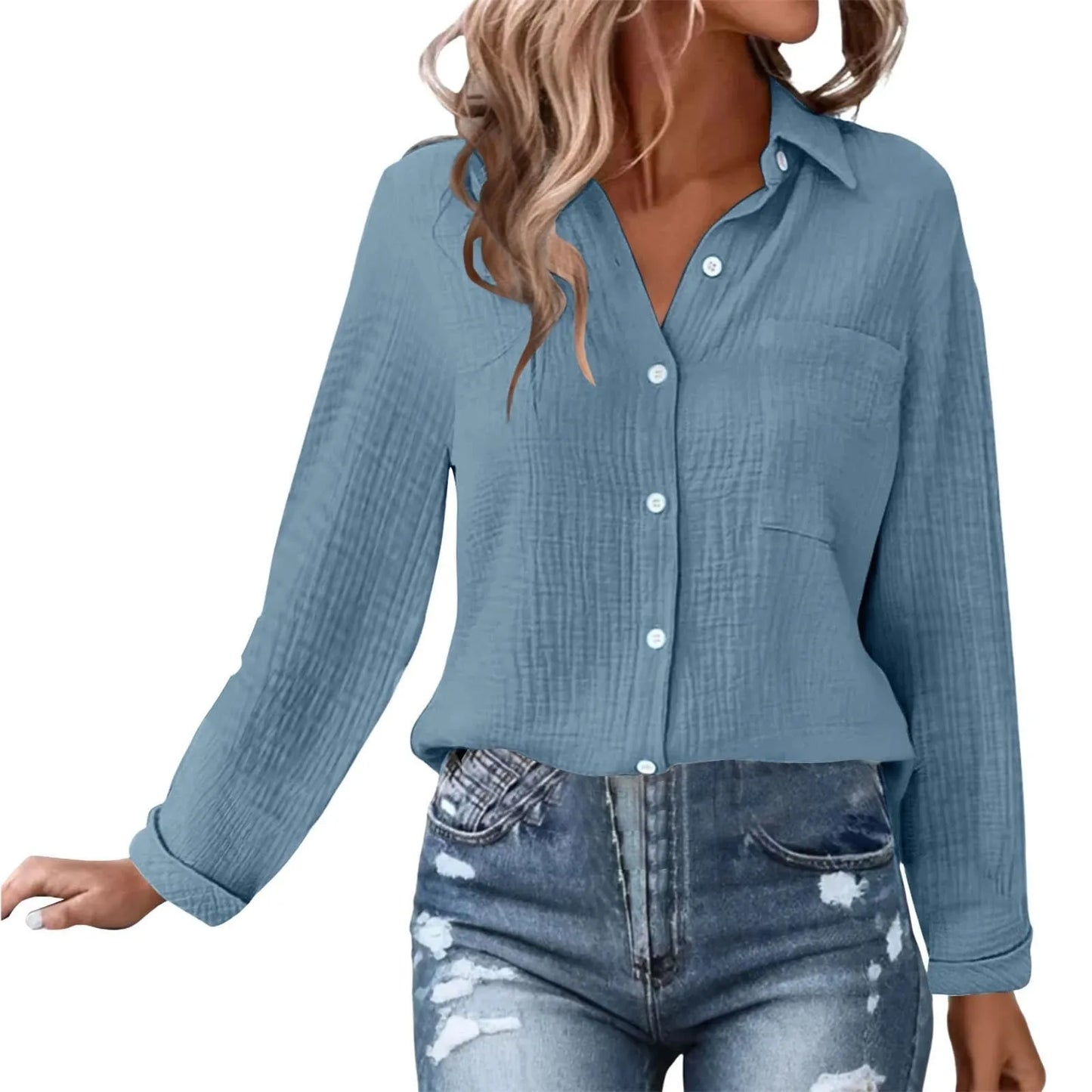 Casual Fashion Shirts For Women Autumn Long Sleeve Lapel Button Solid Color Shirt Top Casual Loose Women's Blouse