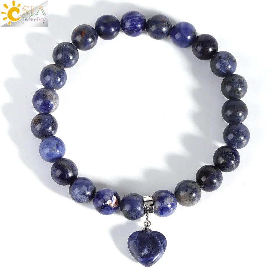 Natural Stone Beads Bracelet for Women Heart Charm Amethysts Crystal Quartzs Tiger Eye Elastic Bangles Reiki Jewelry Gift H543