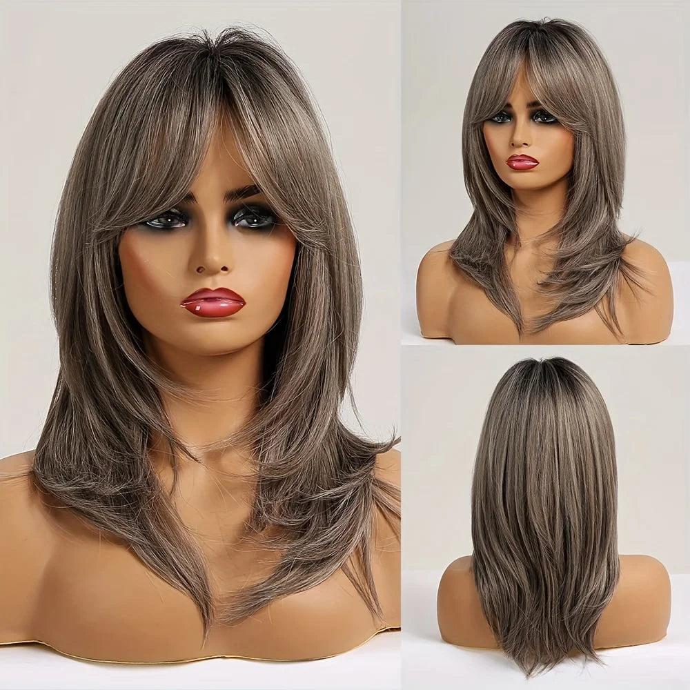 Ombre Color Blonde Wig with Bangs Long Straight Wigs for Women Synthetic Wig Dark Roots for Daily Party Cosplay