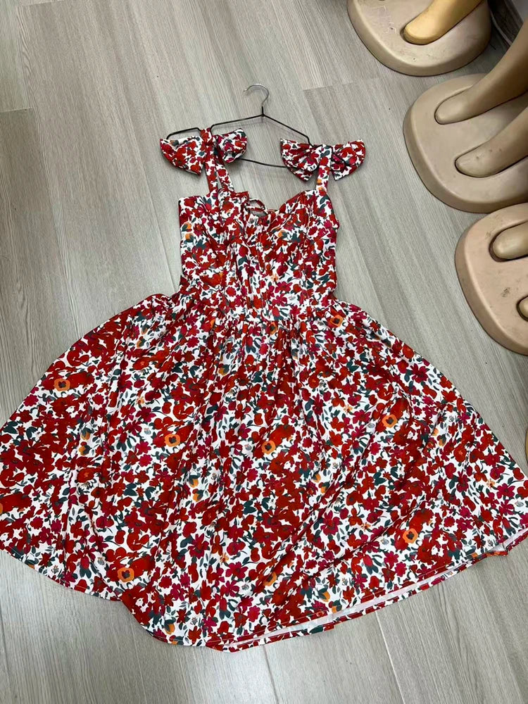 Casual Dresses for Woman Clothing 2025 Summer Elegant Luxury Floral Print Sexy V Neck Birthday Party Pleated A-Line Mini Dress