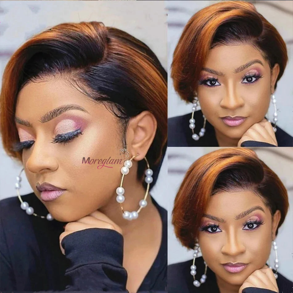 Ombre Human Hair Wigs For Women Bone Straight Bob Wig Remy T Part Transparent Lace Natural Preplucked Pixie Cut Perruque Femme