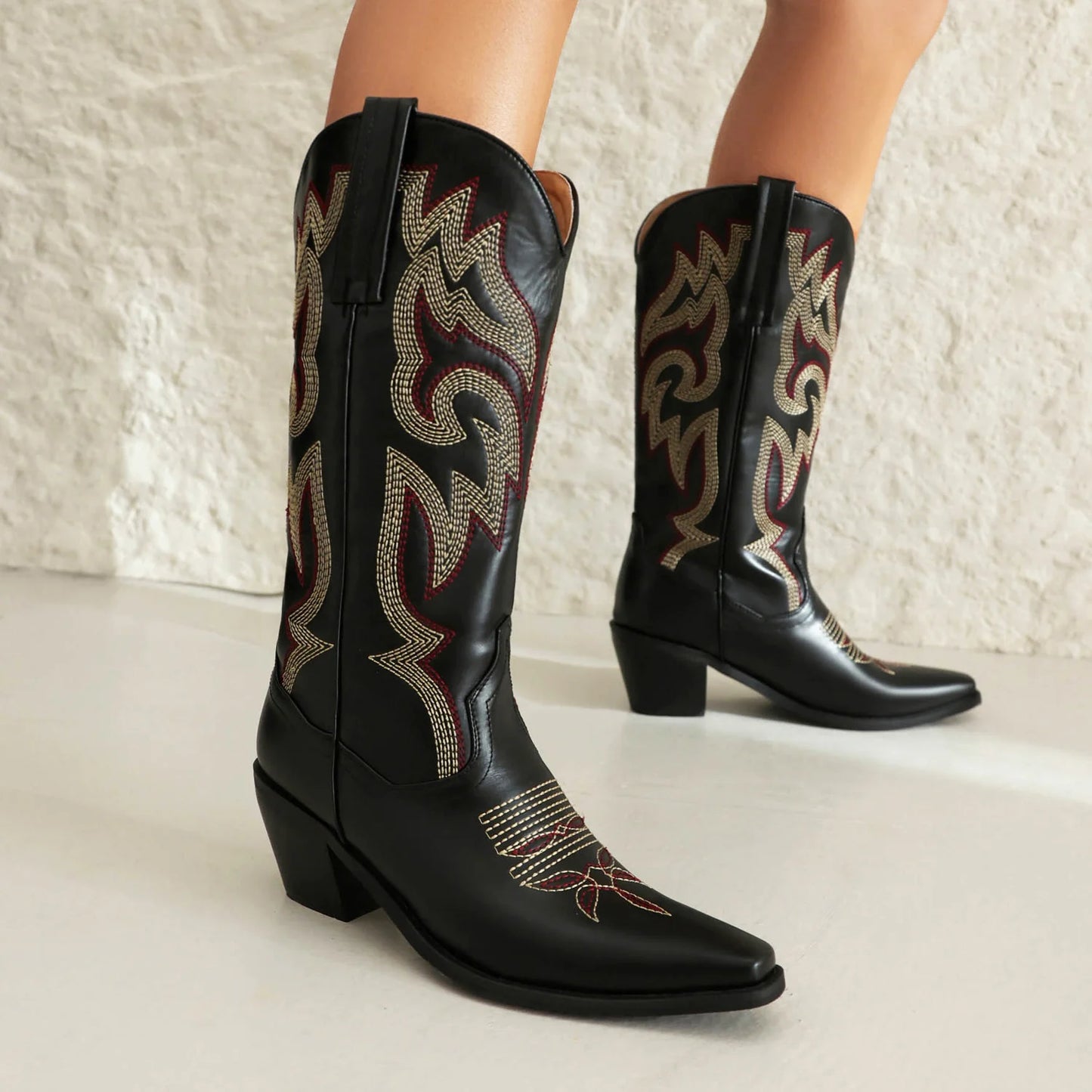 Cowgirl Boots Women Embroidery Knee High mid Calf Cowboy Boots Slip On Pointed Toe Candy Color Fashion Shoes Winter Western