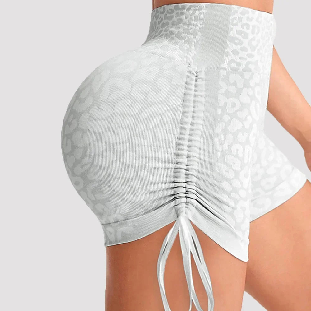 Women High Waist Yoga Shorts Side Drawstring Sexy Leopard Print Sports Shorts Gym Athletic Running Leggings Workout Shorts