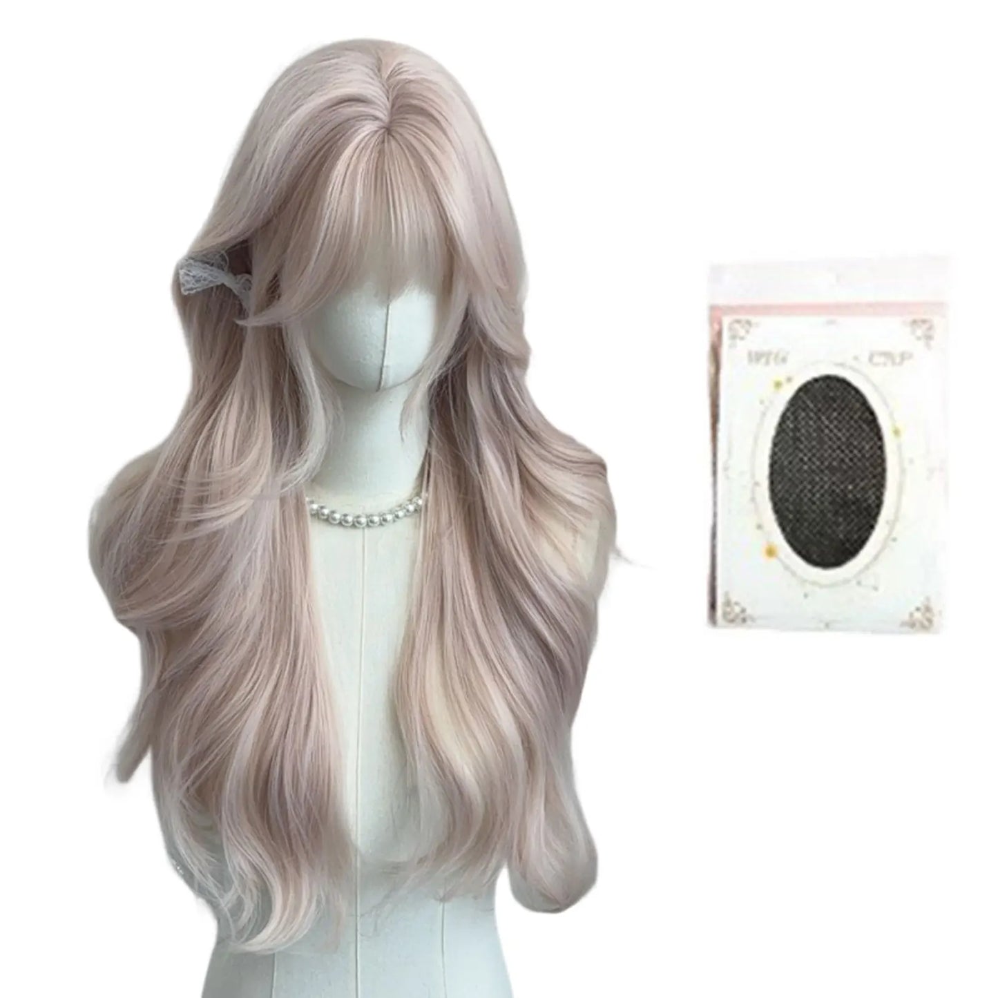 Women's Grey Pink Long Curly Synthetic Wig With Bangs Natural Long-Smooth Heat Resistant Wavy Wig For Cosplay Daily Wear