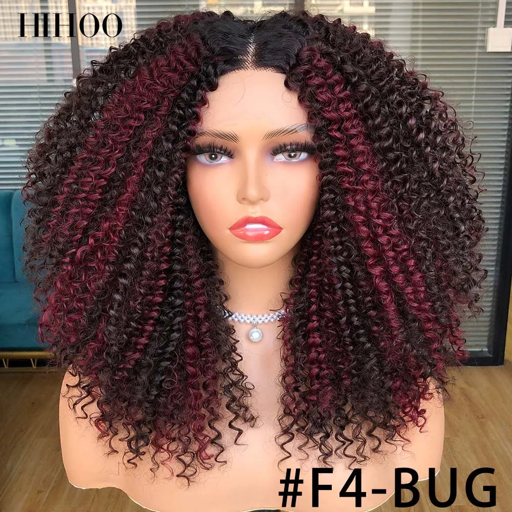 Lace Front Wigs for Women Short Bob Wig Afro Kinky Curly Wigs Ombre Brown Synthetic Middle Nature Hair Black Headgear with Clip