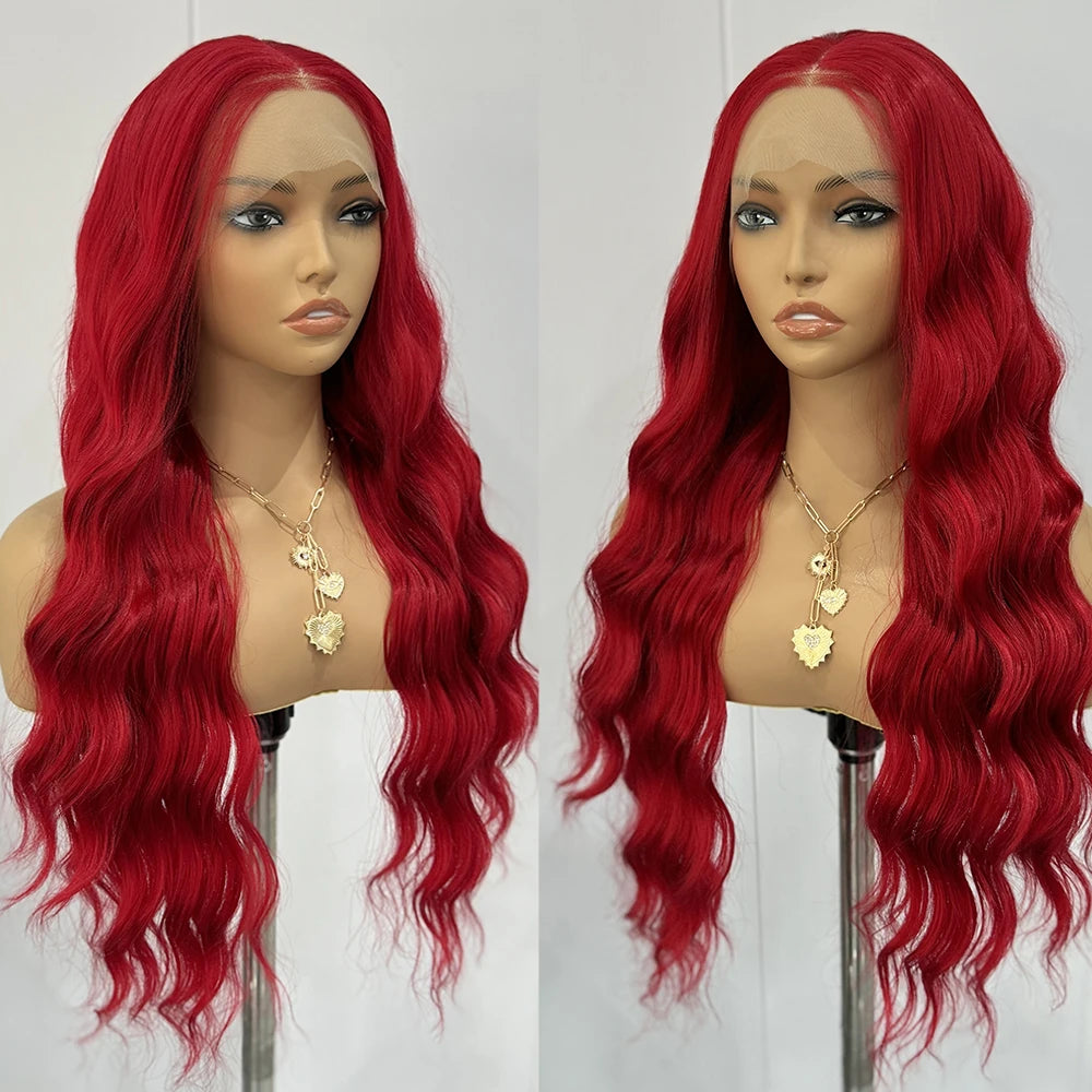 Red Wig Long Curly Wig Synthetic Lace Front Wigs for Women Natural Wave Wig Colored Hair Natural Hairline Heat Resistant Cosplay