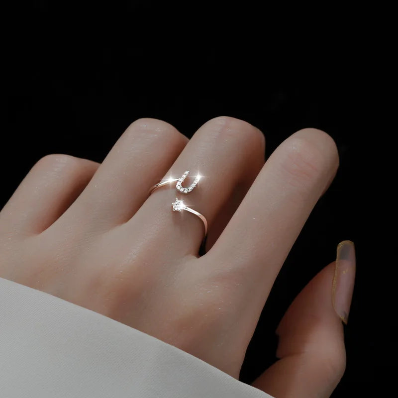 925 Sterling Silver Initial Rings for Women Girls, Adjustable Initial Rings Cubic Zirconia Stackable Alphabet Letter Rings Gift