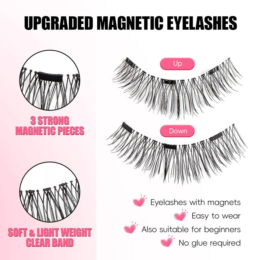 VYRILA 2Pairs Reusable Magnetic Lashes with Magnets Tweezer No Glue Needed D Magnetic Eyelash 3-Step Press On False Eyelash
