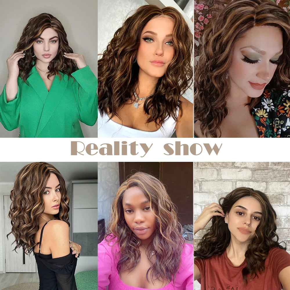 Lace Front Synthetic Wigs Preplucked Curly Wave Brown Golden Highlight Shoulder Length Lace Wig for Black Women Heat Resistant