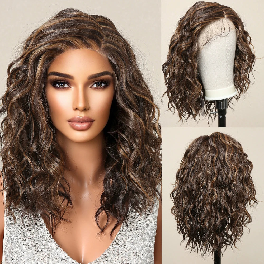 Lace Front Synthetic Wigs Preplucked Curly Wave Brown Golden Highlight Shoulder Length Lace Wig for Black Women Heat Resistant