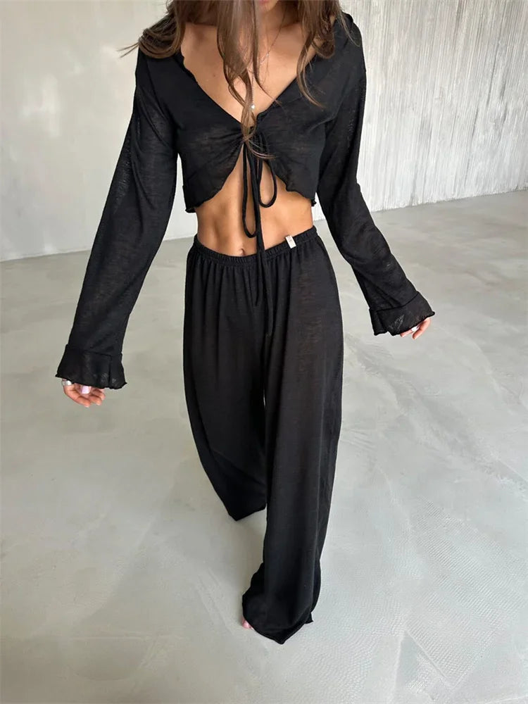 Casual Fashion 2 Piece-Set Trousers For Women V-Neck Lace-Up Long Sleeve Top And High Waist Women's Pants Outfits Female