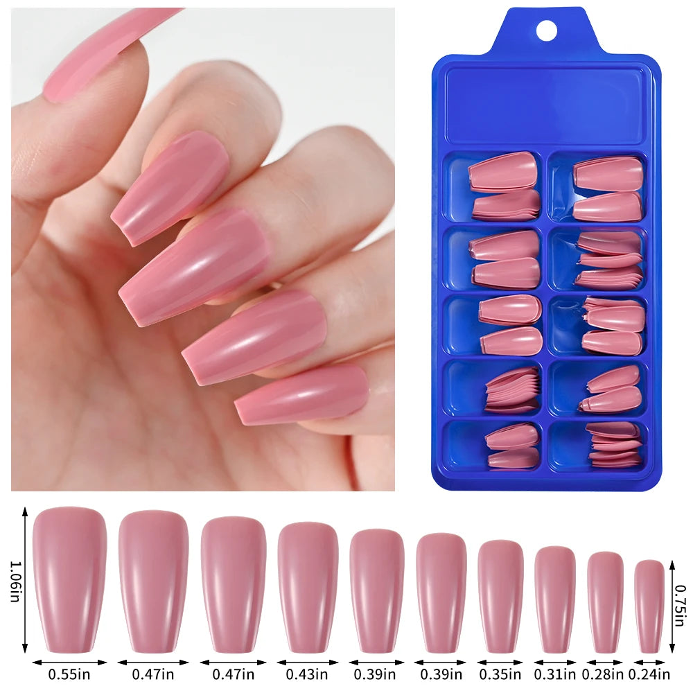 100pcs Coffin Design Fake Nails Art Tools Nude Pink Colors Ballerina False Nails Press On Full Fingernails Manicure Tips
