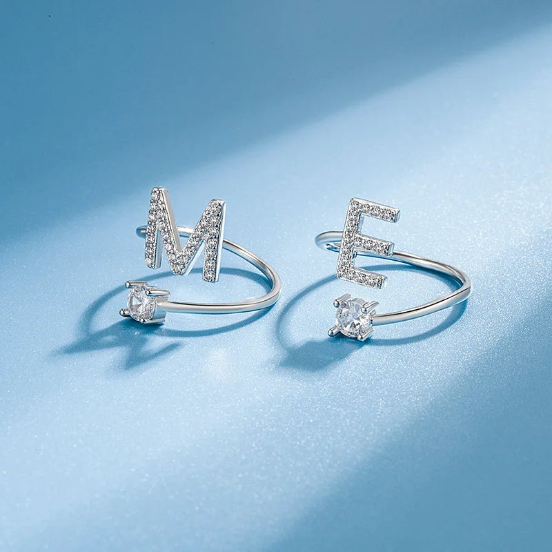925 Sterling Silver Initial Rings for Women Girls, Adjustable Initial Rings Cubic Zirconia Stackable Alphabet Letter Rings Gift