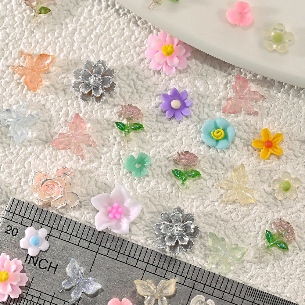 1 Bag Butterfly Flower Nail Charms 3D Mix Colorful Resin Nail Art Tips Nail Gems DIY Flatback Manicure Nail Art Decoration Parts