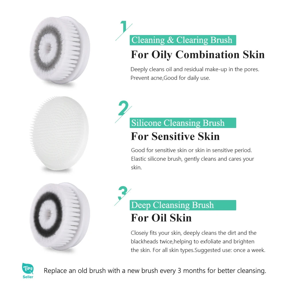 Facial Cleansing Brush Electric Facial Exfoliating Massage Brush with 3 Cleanser Heads and 2 Speeds Adjustable for Deep Cleaning
