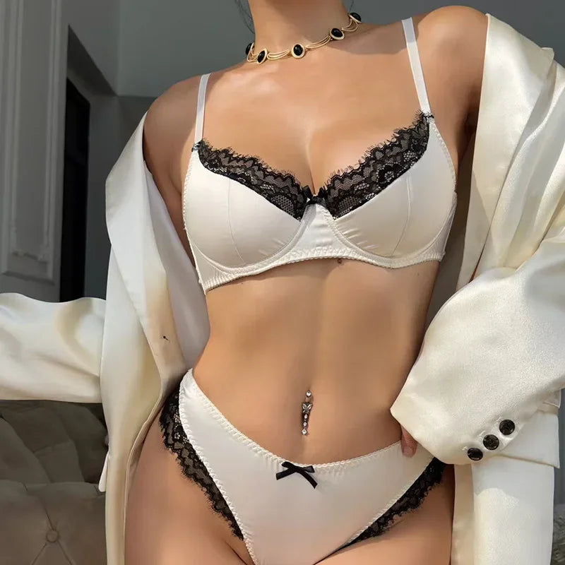 Sexy Underwear Set for Women French Rose Silk Fabric Bralette Lace Thin Cup Push Up Bra Set Romantic Lingerie Ladies Intimates