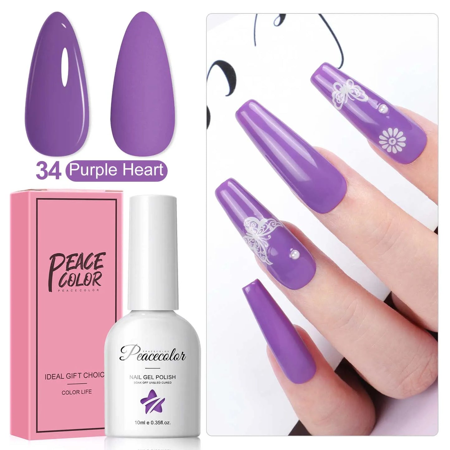 Peacecolor 1PC 10ML Gel Nail Polish - Pastel Dark Purple Glossy, Glass Bottle Long Lasting Manicure Art Design Gift for Women