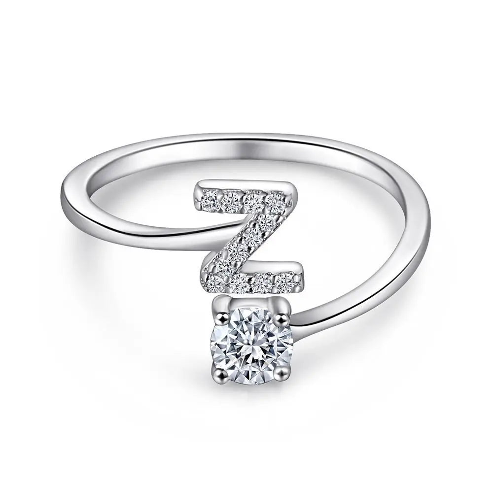 925 Sterling Silver Initial Rings for Women Girls, Adjustable Initial Rings Cubic Zirconia Stackable Alphabet Letter Rings Gift