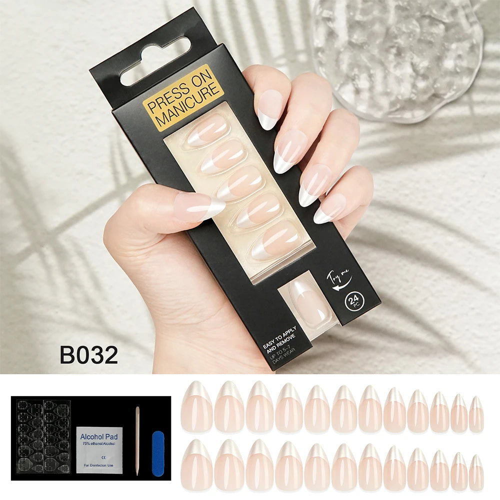 Press on Nails Almond French Design False Nails Simple Design Acrylic Nail Tips Reusable Fake Nails Decorated Nail Art