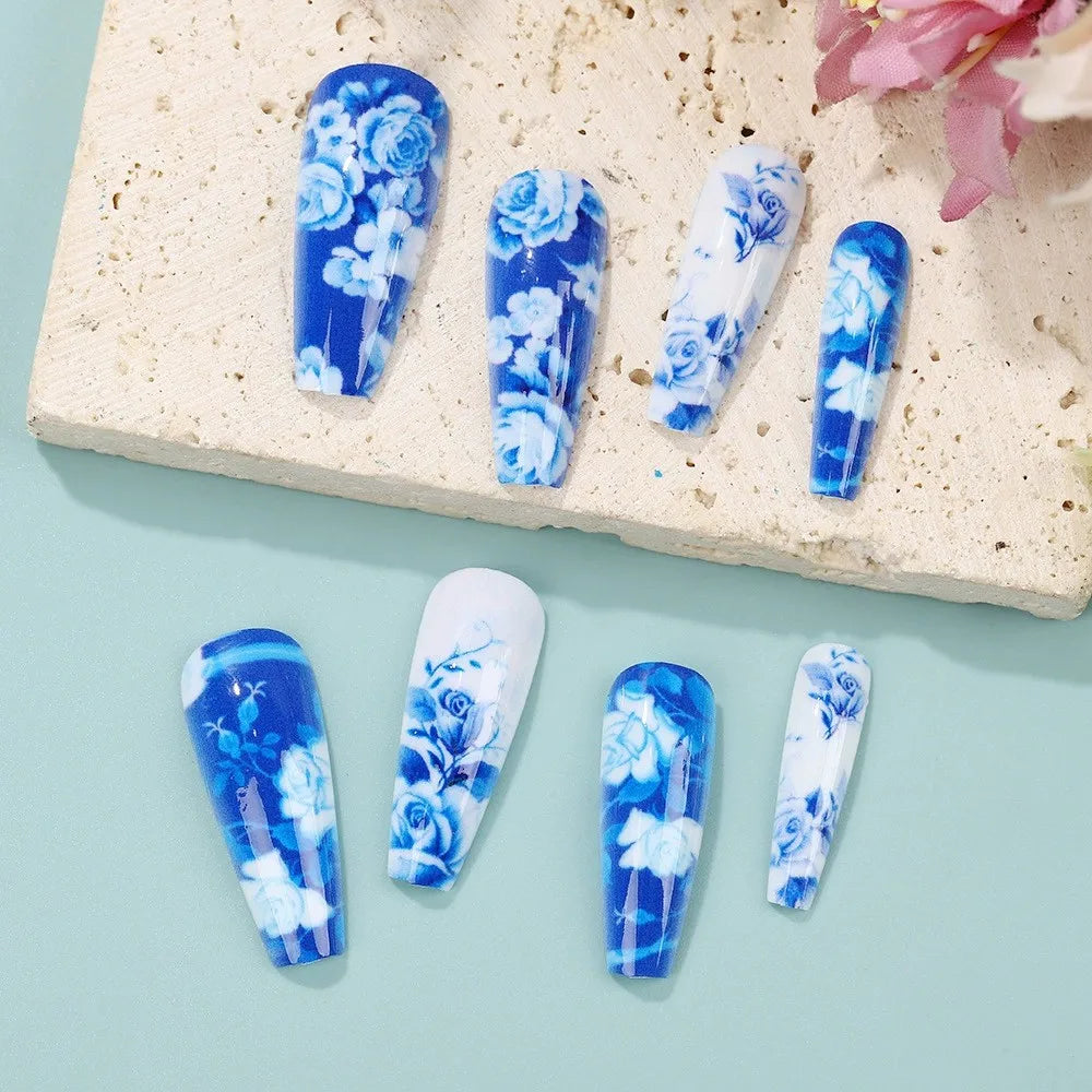 24pcs Blue and White Porcelain False Nails with Designs Long Press On Nails Blue French Fake Nails Fashion Ballet Tip Wearable