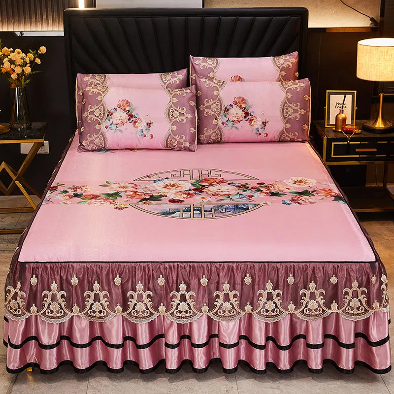 Luxury Lace Smooth Cool Summer Bedspread Thick Home Bed Skirt + Pillowcase Bed Sheets Embroidery European-style Bed Spreads