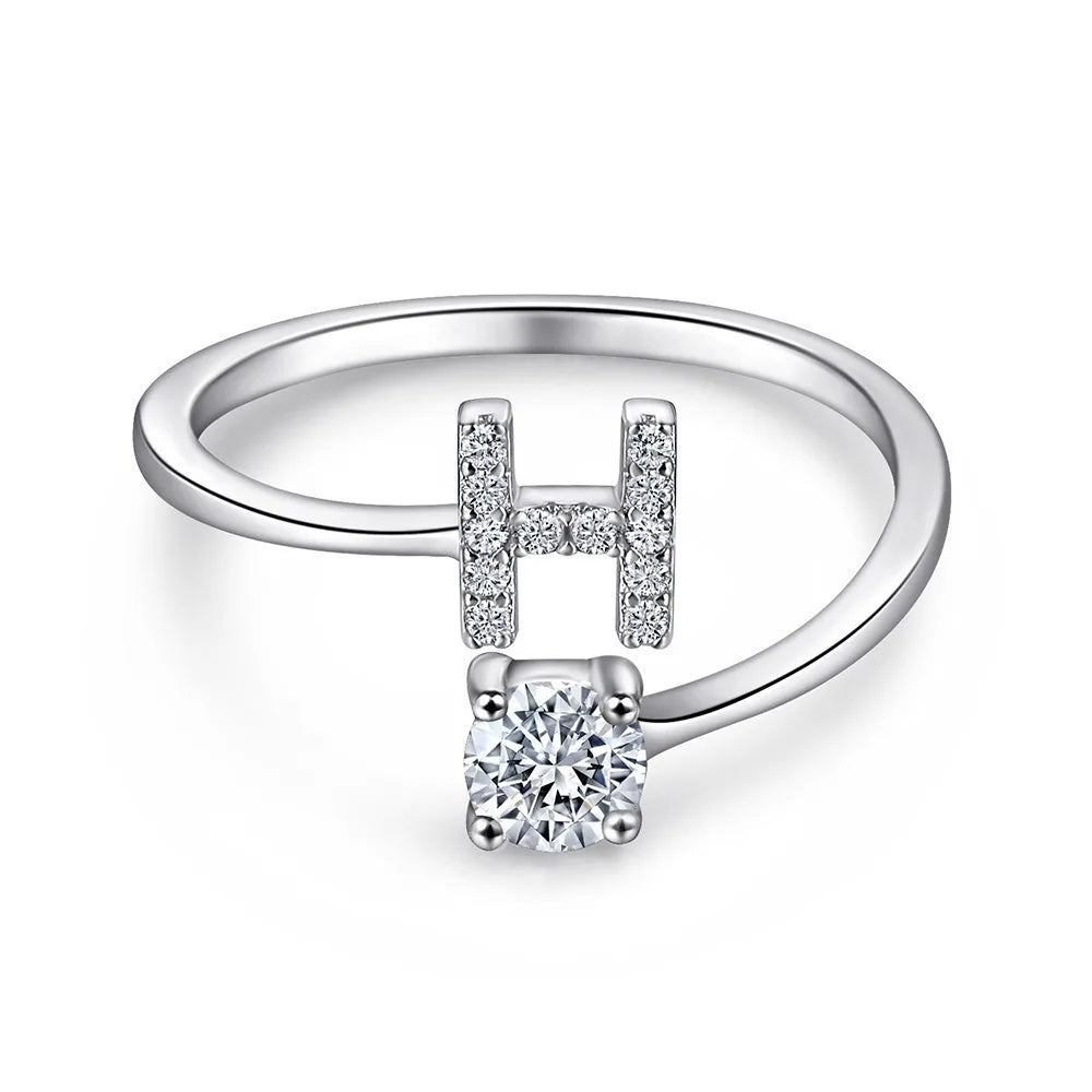 925 Sterling Silver Initial Rings for Women Girls, Adjustable Initial Rings Cubic Zirconia Stackable Alphabet Letter Rings Gift