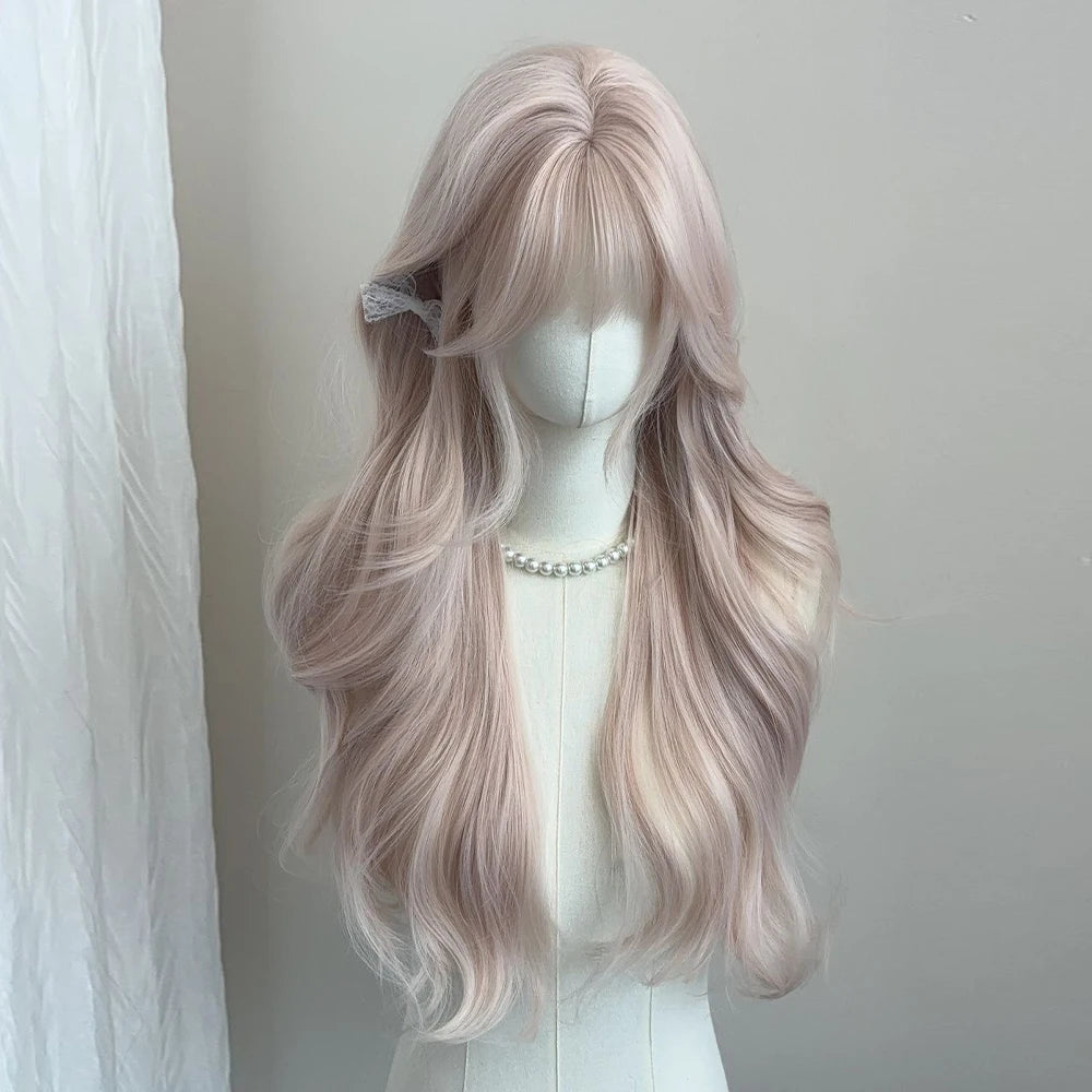 Women's Grey Pink Long Curly Synthetic Wig With Bangs Natural Long-Smooth Heat Resistant Wavy Wig For Cosplay Daily Wear