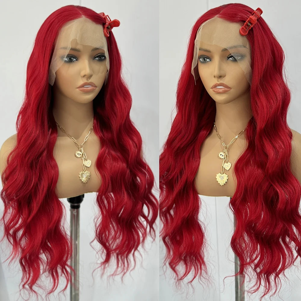 Red Wig Long Curly Wig Synthetic Lace Front Wigs for Women Natural Wave Wig Colored Hair Natural Hairline Heat Resistant Cosplay