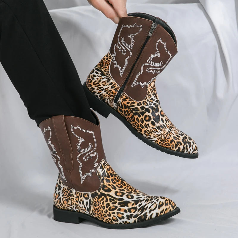 Western Cowboy Boots Men's 2025 New Autum Retro Embroider Versatile Mid-Calf Boots Outdoor Desert Zipper Short Boots