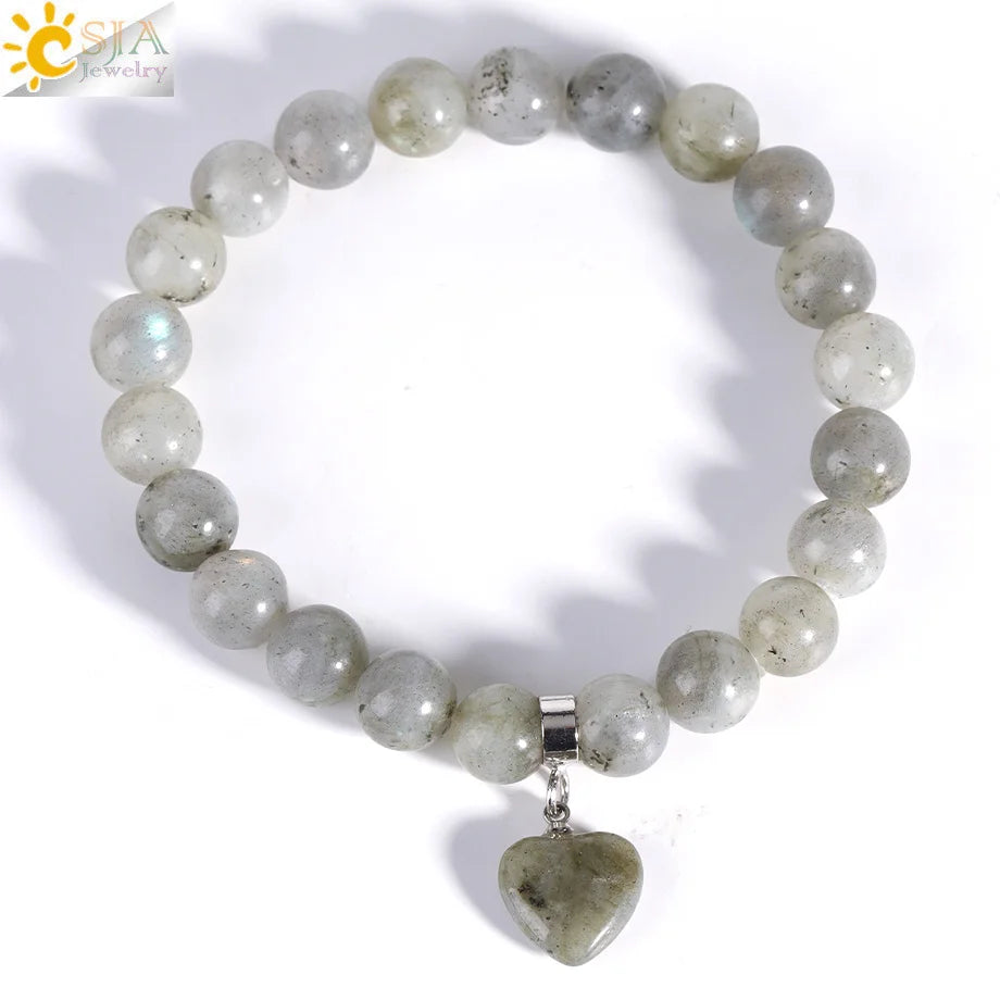 Natural Stone Beads Bracelet for Women Heart Charm Amethysts Crystal Quartzs Tiger Eye Elastic Bangles Reiki Jewelry Gift H543