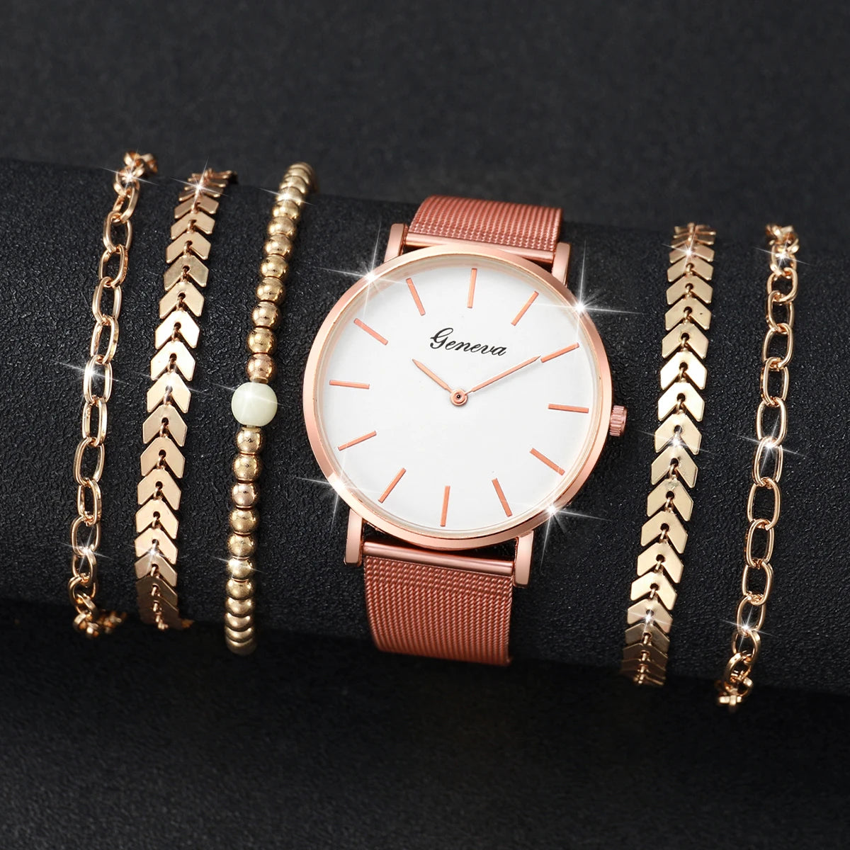 Women's Quartz Watch with Simple Scale Dial, Mesh Band, Bracelets Set, Female Fashion, Without Case, 6 Pieces Per Set