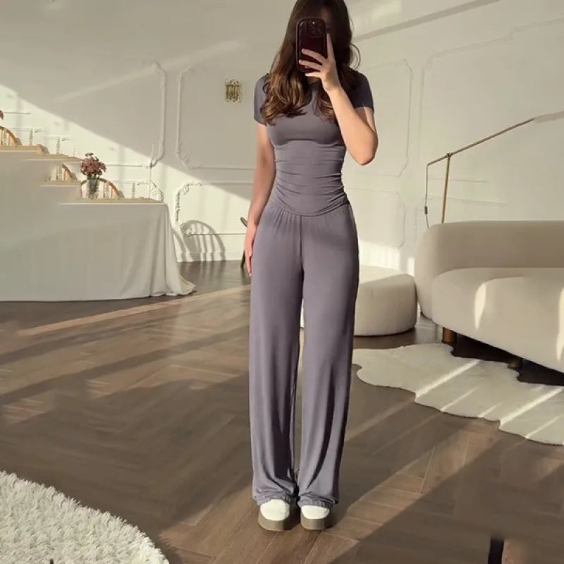 Casual Long Pants Suits Women O-neck Short Sleeve T-shirt Elastic Waist Trousers Set Spring Summer Solid Lady Household Clothes