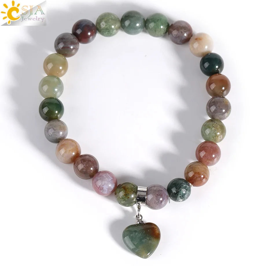 Natural Stone Beads Bracelet for Women Heart Charm Amethysts Crystal Quartzs Tiger Eye Elastic Bangles Reiki Jewelry Gift H543