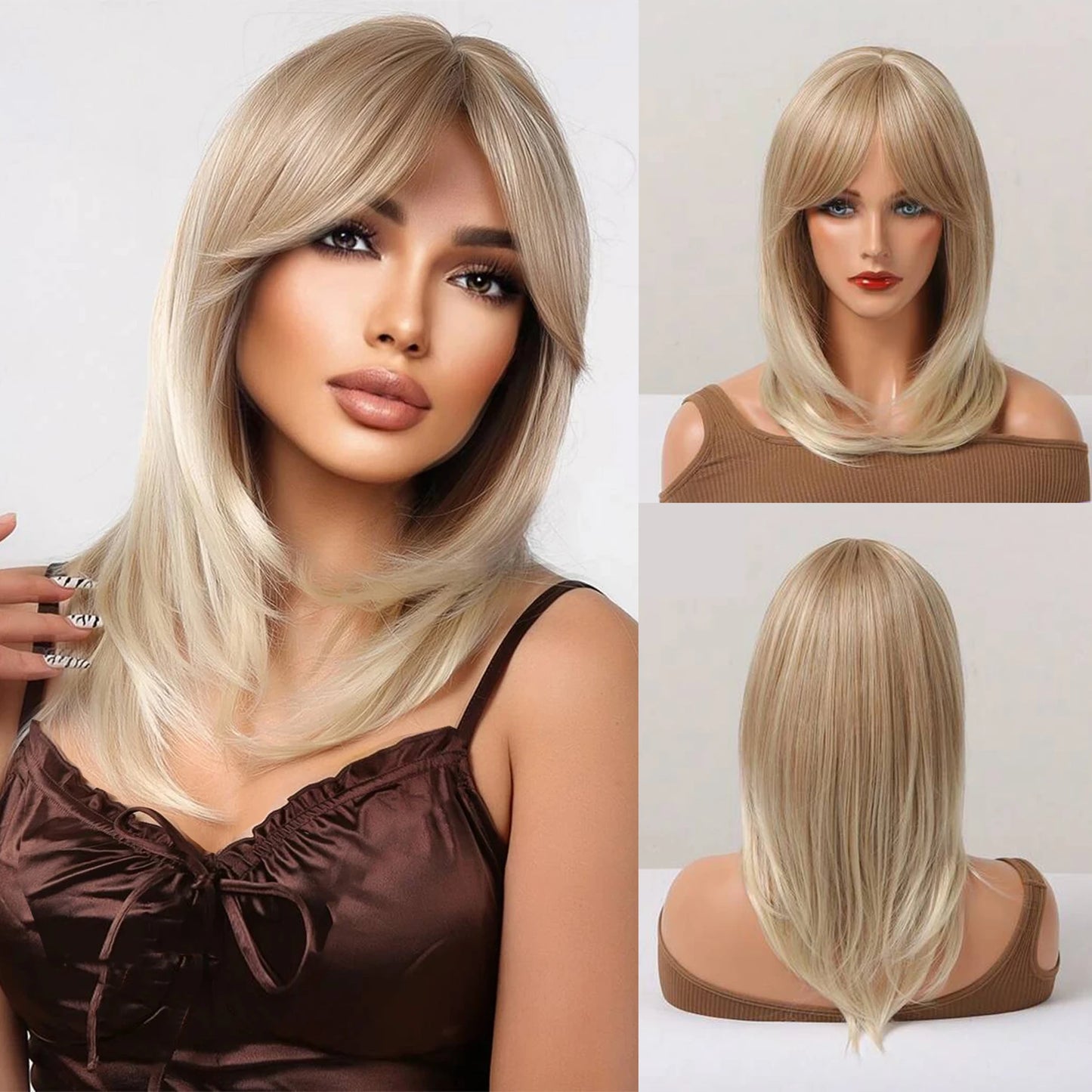 Ombre Color Blonde Wig with Bangs Long Straight Wigs for Women Synthetic Wig Dark Roots for Daily Party Cosplay