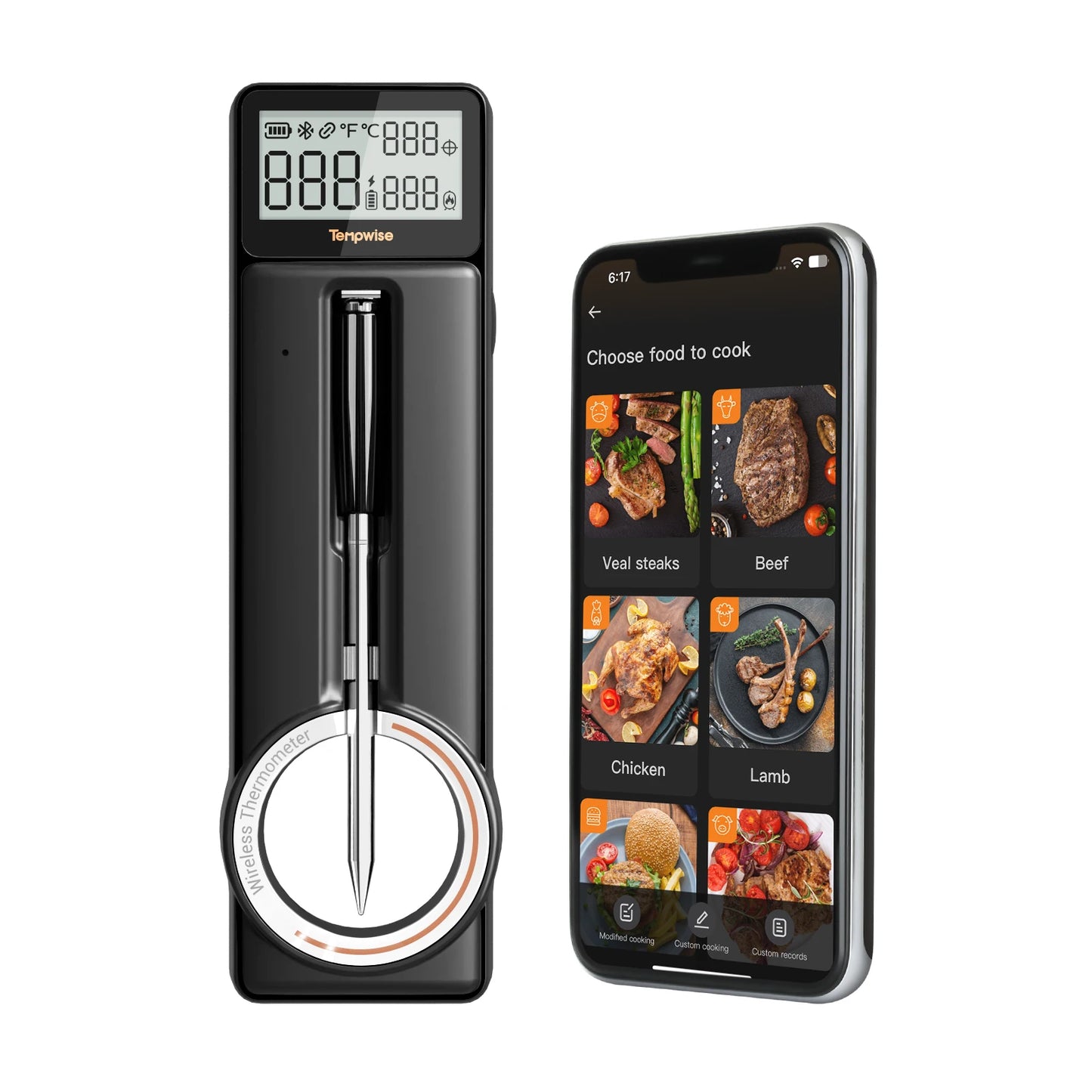Meat thermometer wireless Bluetooth IP67 ultra thin probe with LCD display temperature alarms for cooking grilling roasting