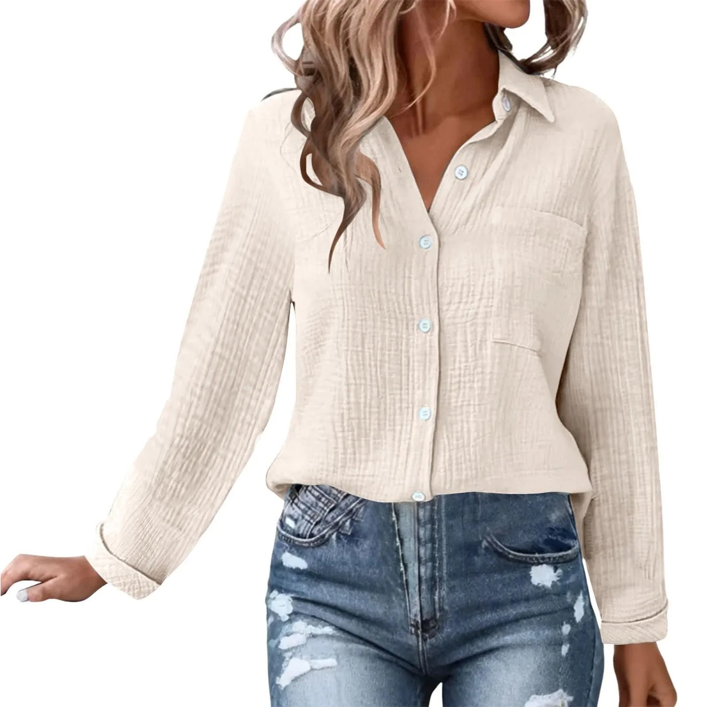 Casual Fashion Shirts For Women Autumn Long Sleeve Lapel Button Solid Color Shirt Top Casual Loose Women's Blouse