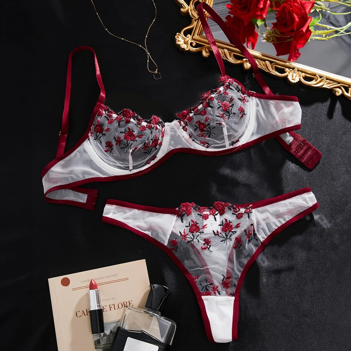 Night Beautiful Sexy Women 2 Piece floral Embroidery Underwear Sexy Erotic lingerie underwear Set