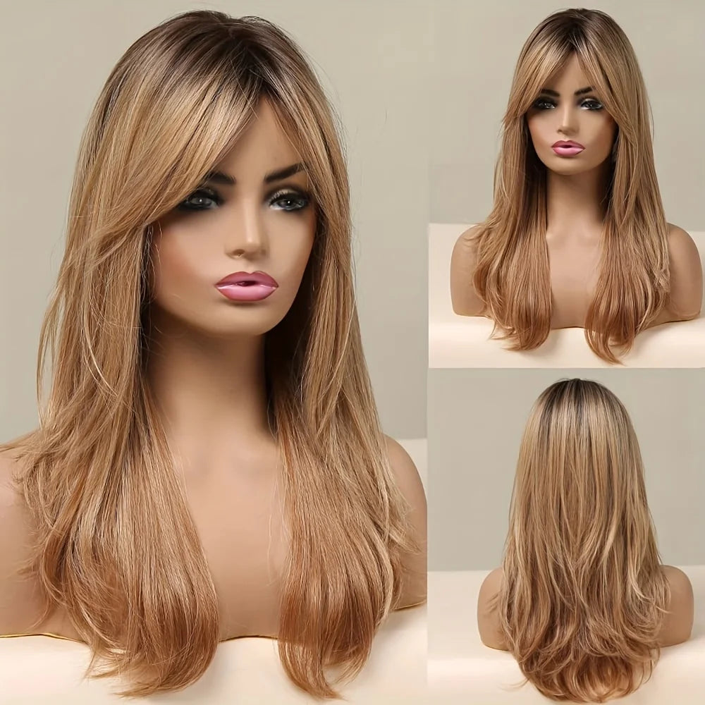 Ombre Color Blonde Wig with Bangs Long Straight Wigs for Women Synthetic Wig Dark Roots for Daily Party Cosplay
