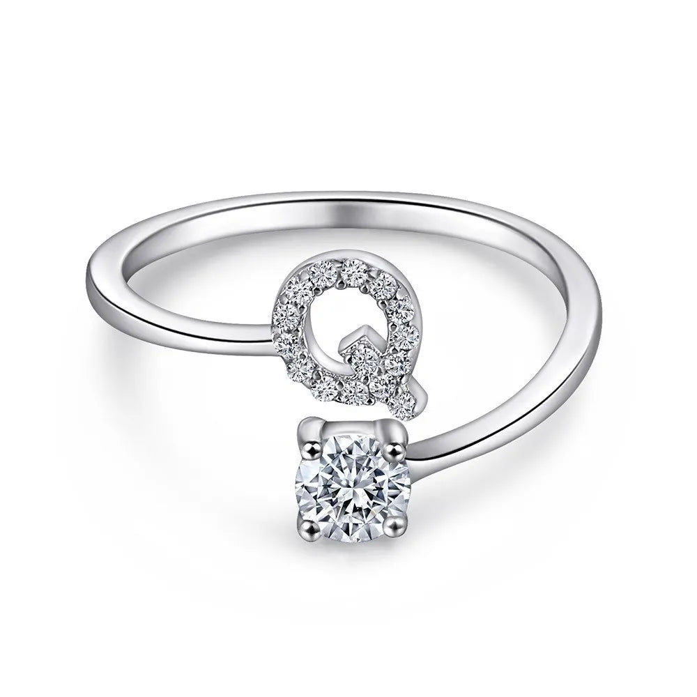 925 Sterling Silver Initial Rings for Women Girls, Adjustable Initial Rings Cubic Zirconia Stackable Alphabet Letter Rings Gift