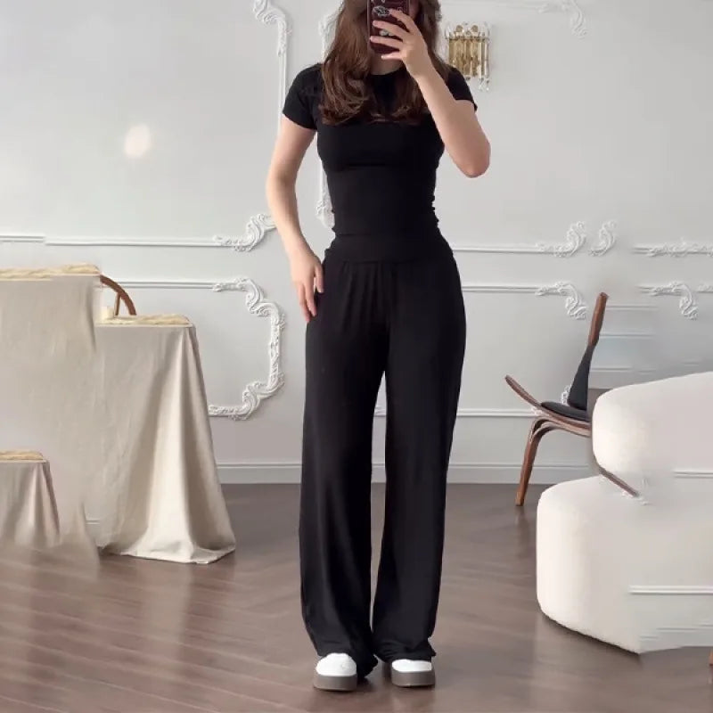 Casual Long Pants Suits Women O-neck Short Sleeve T-shirt Elastic Waist Trousers Set Spring Summer Solid Lady Household Clothes